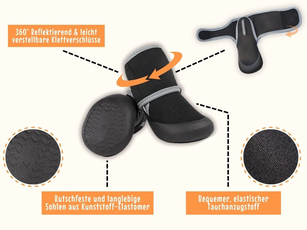 Schwarzer Hundeschuh mit 360° Reflektorstreifen, rutschfester Sohle und elastischem Tauchgewebe – für sichere Spaziergänge im Freien.